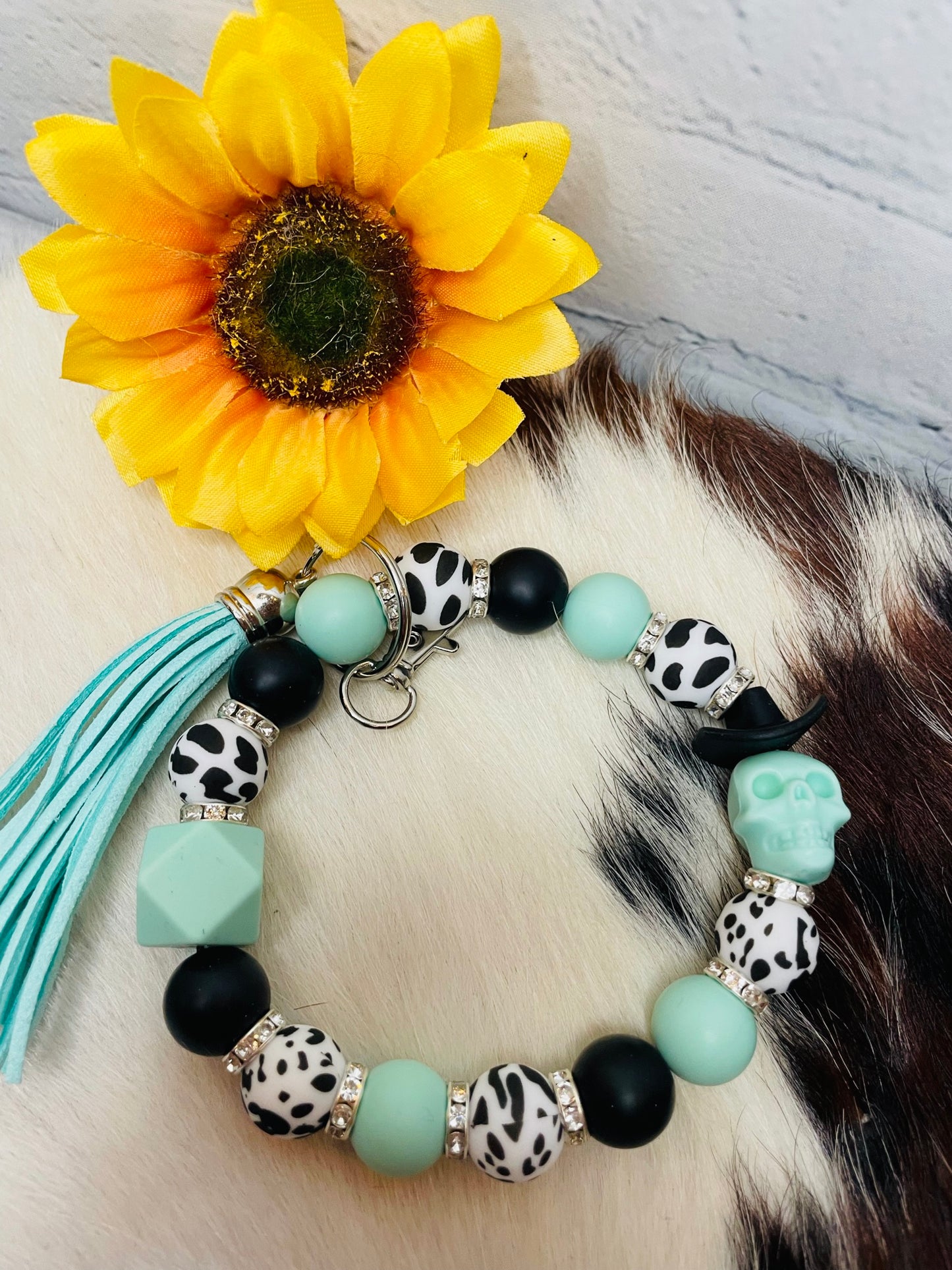 Teal Skull Keychain Bracelet with Tassle