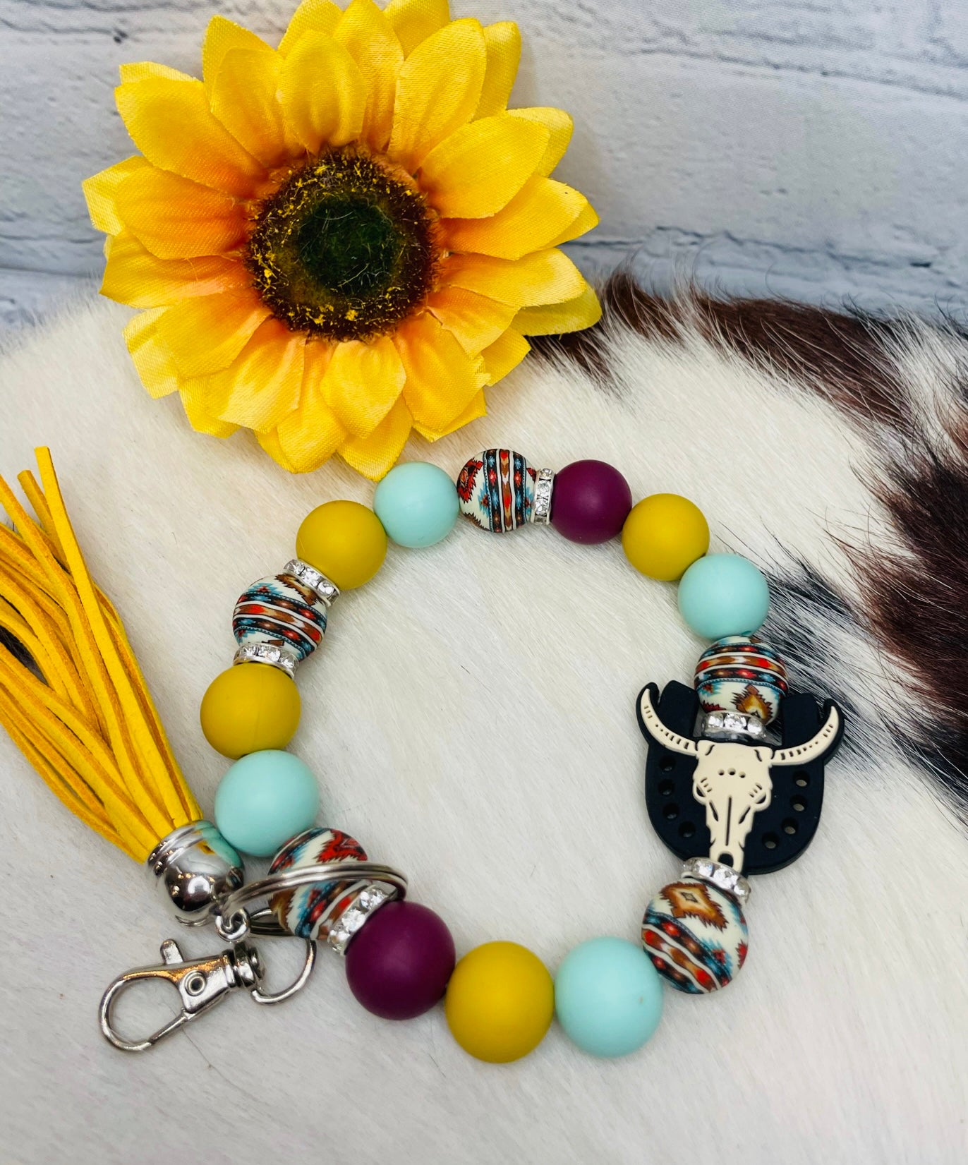 Steer Skull Keychain Bracelet with Tassel