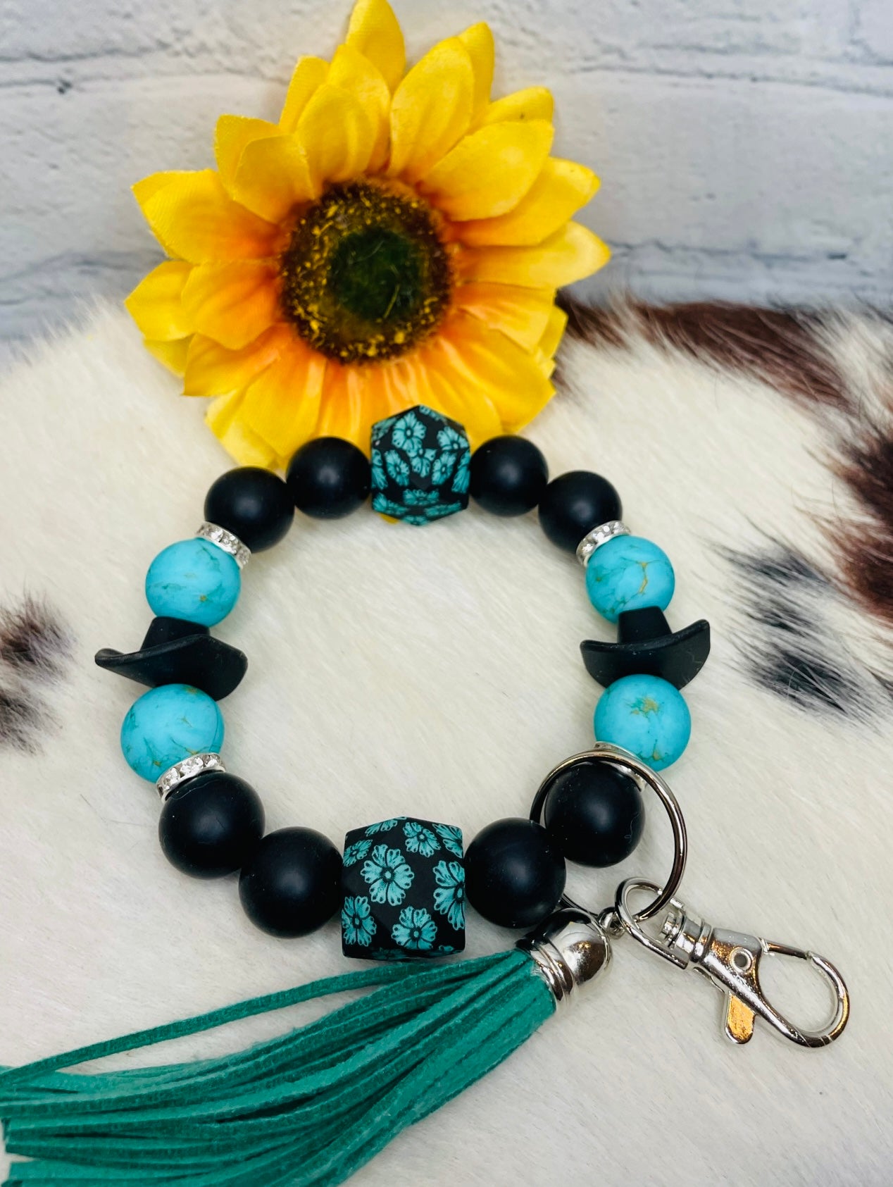 Turquoise & Black Cowboy Hat Keychain Bracelet with Tassel