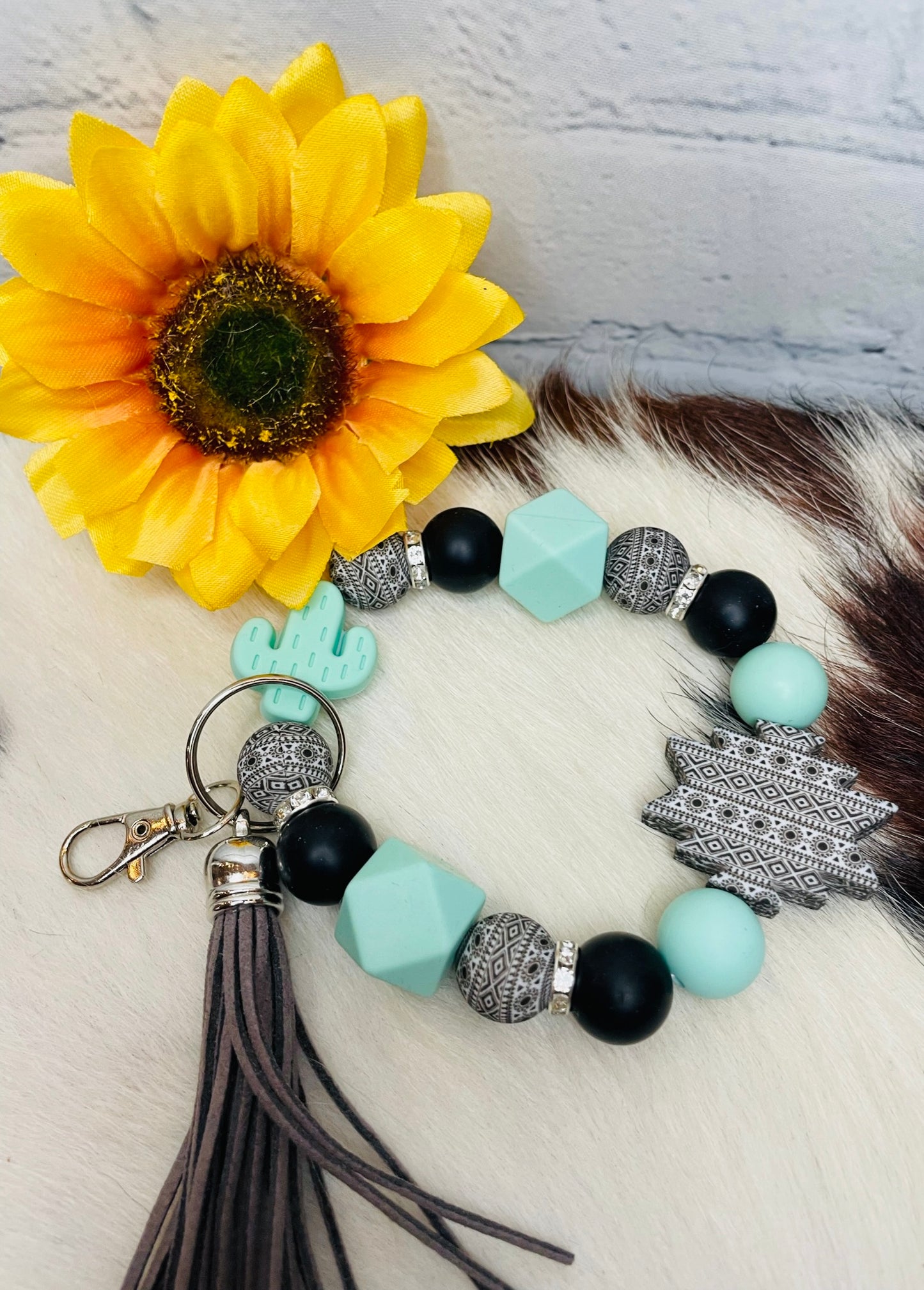 Aztec Cactus Keychain Bracelet with Tassel