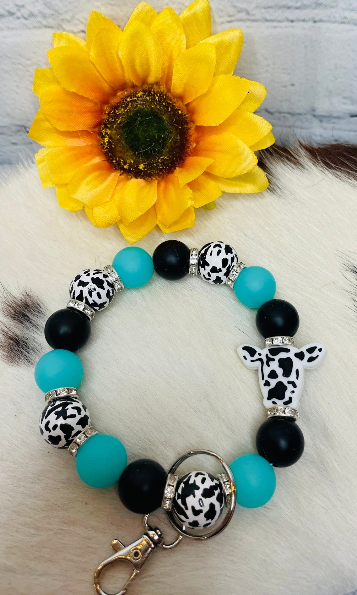 GLOW IN THE DARK Teal & Cow Keychain Bracelet