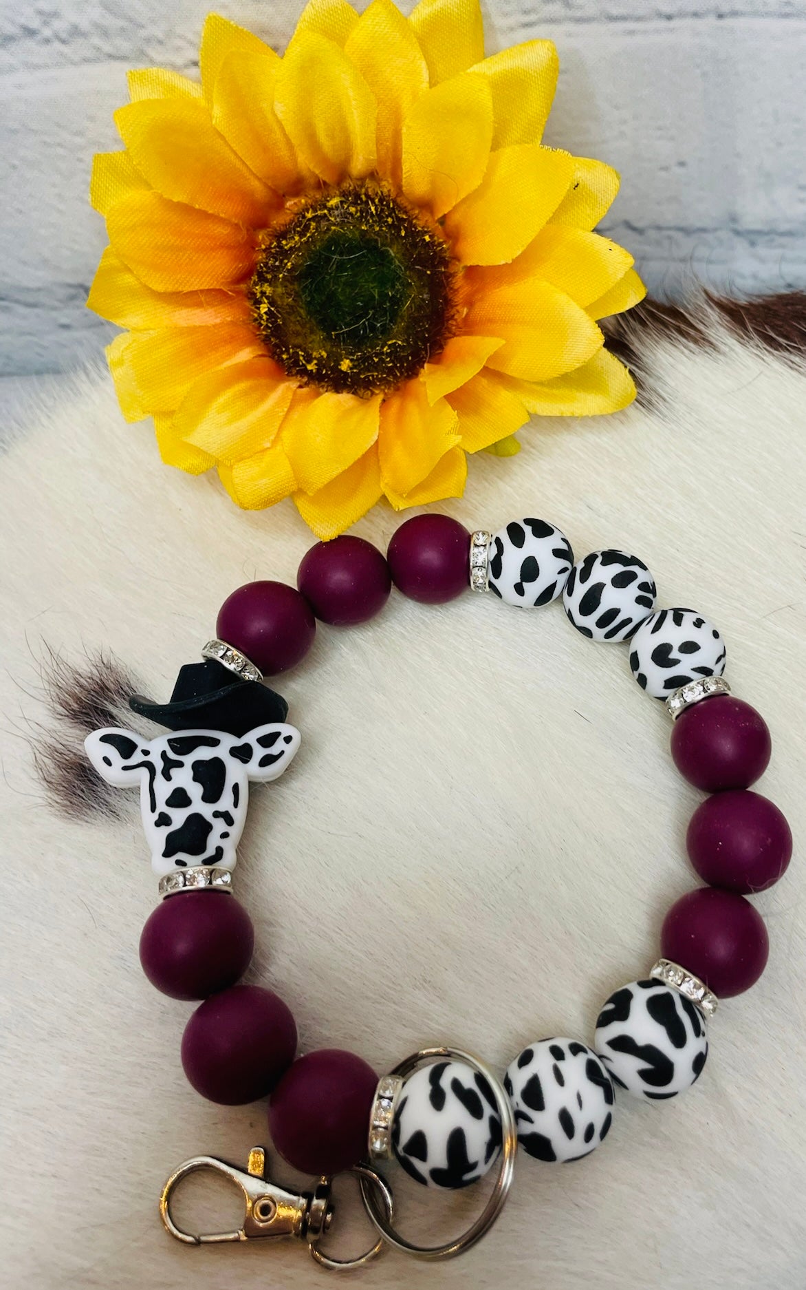 Maroon & Cow Keychain Bracelet
