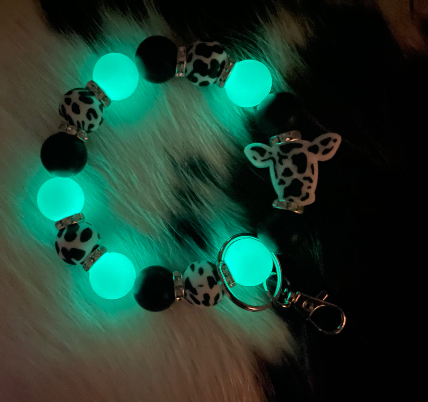 GLOW IN THE DARK Teal & Cow Keychain Bracelet