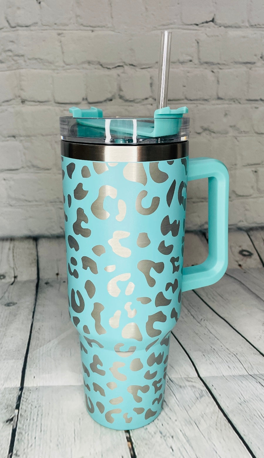 Aqua Leopard Tumbler with Handle