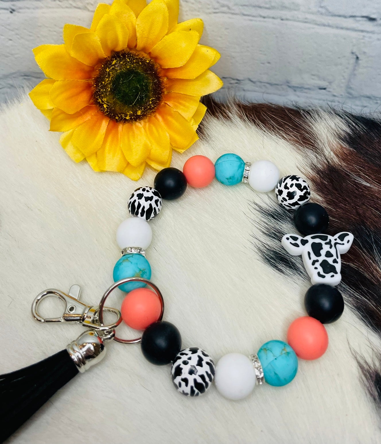 Turquoise and Coral Cow Print Keychain Bracelet with Tassel