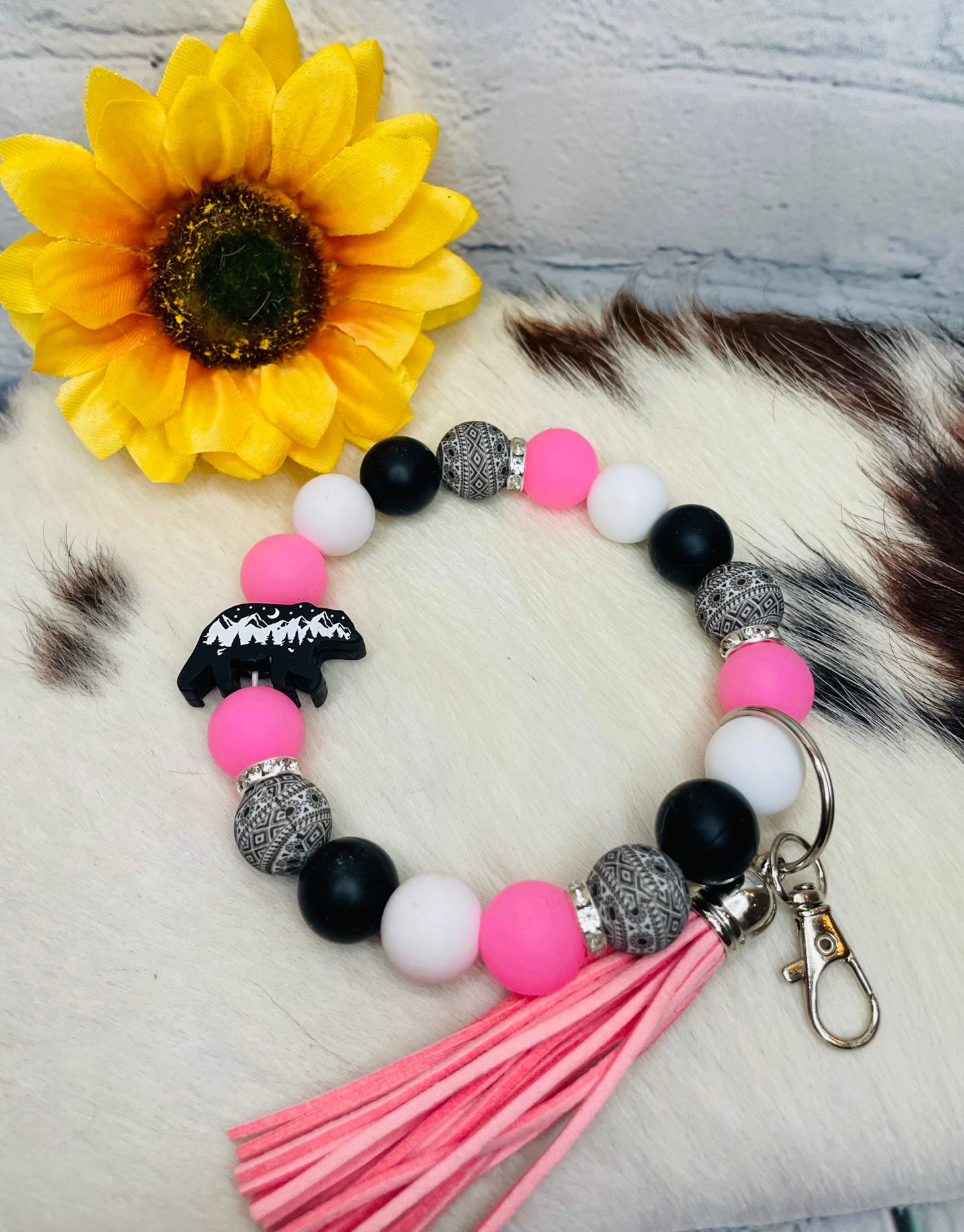 GLOW IN THE DARK Pink & Black Bear Keychain Bracelet with Tassel