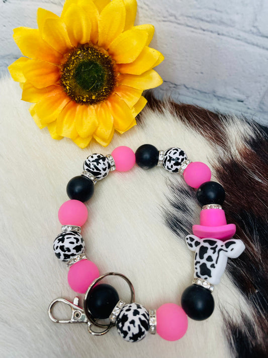 GLOW IN THE DARK Pink Cow Print Keychain Bracelet