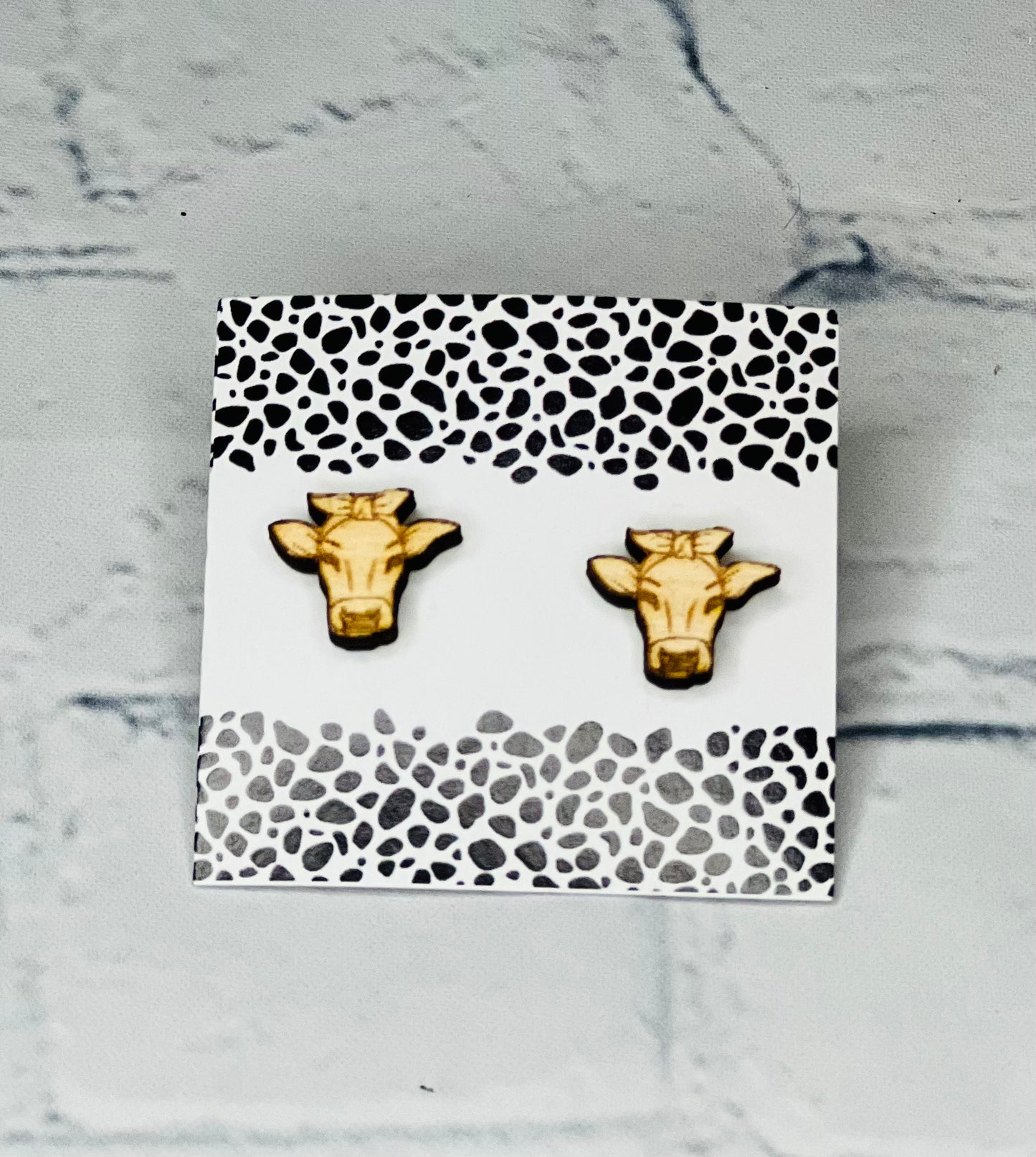 Small Wooden Cow Stud Earrings