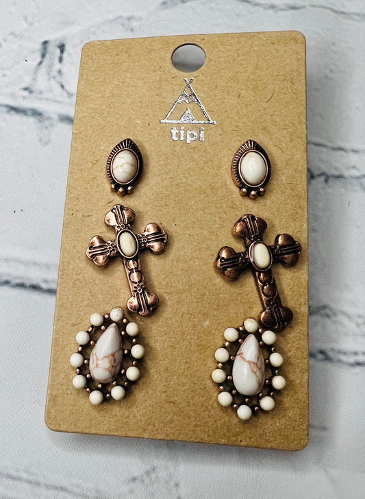 White Stone Cross Stud Set