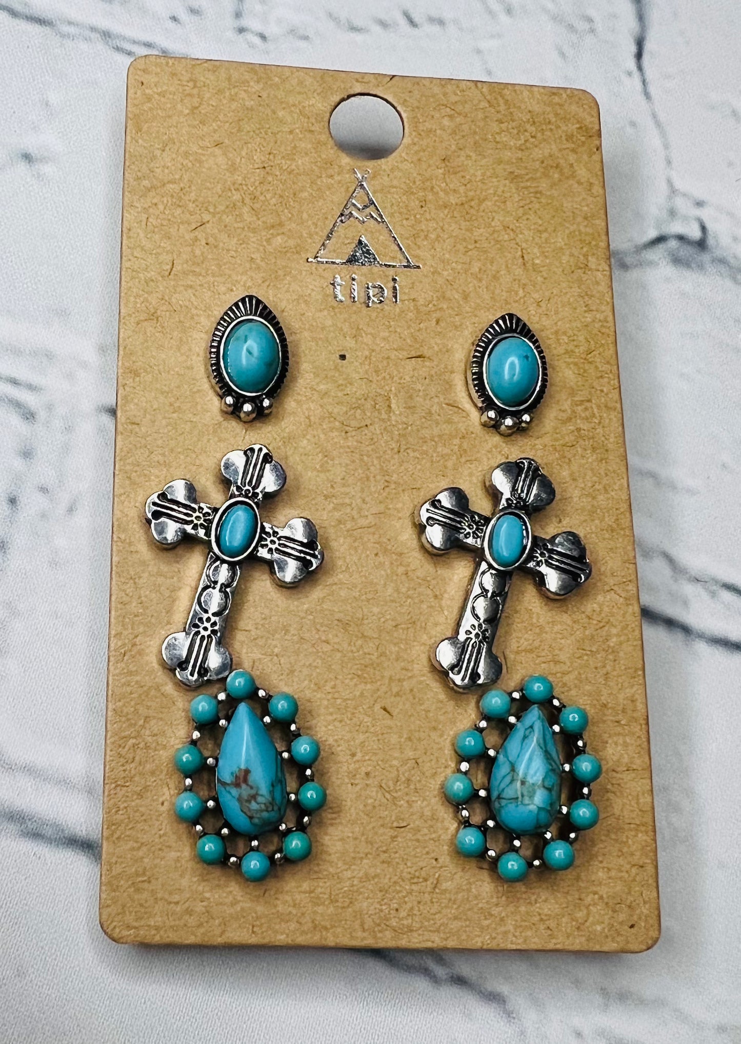 Teal and Silver Cross Stud Set