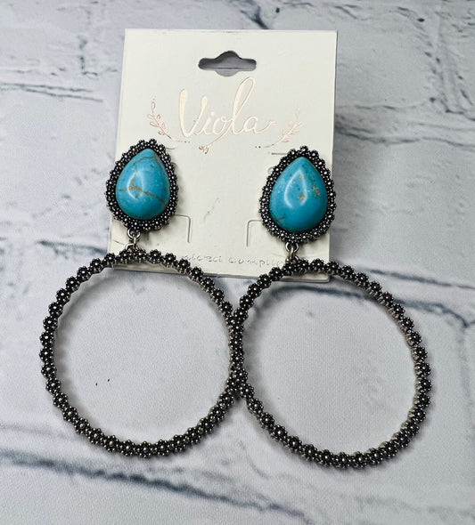 Textured Hoop with Teal Stone Stud