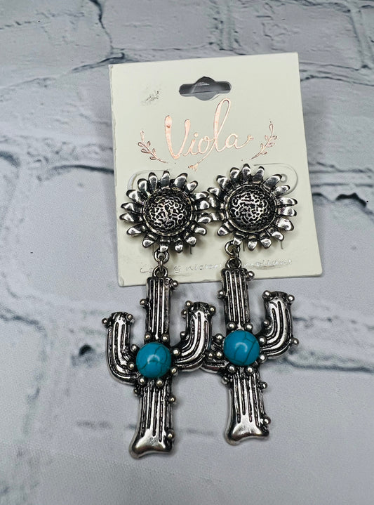 Sunflower Cactus Stud With Teal Stone