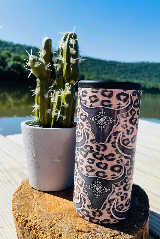 Leopard & Steer Skull Slim Insulated Can Cooler