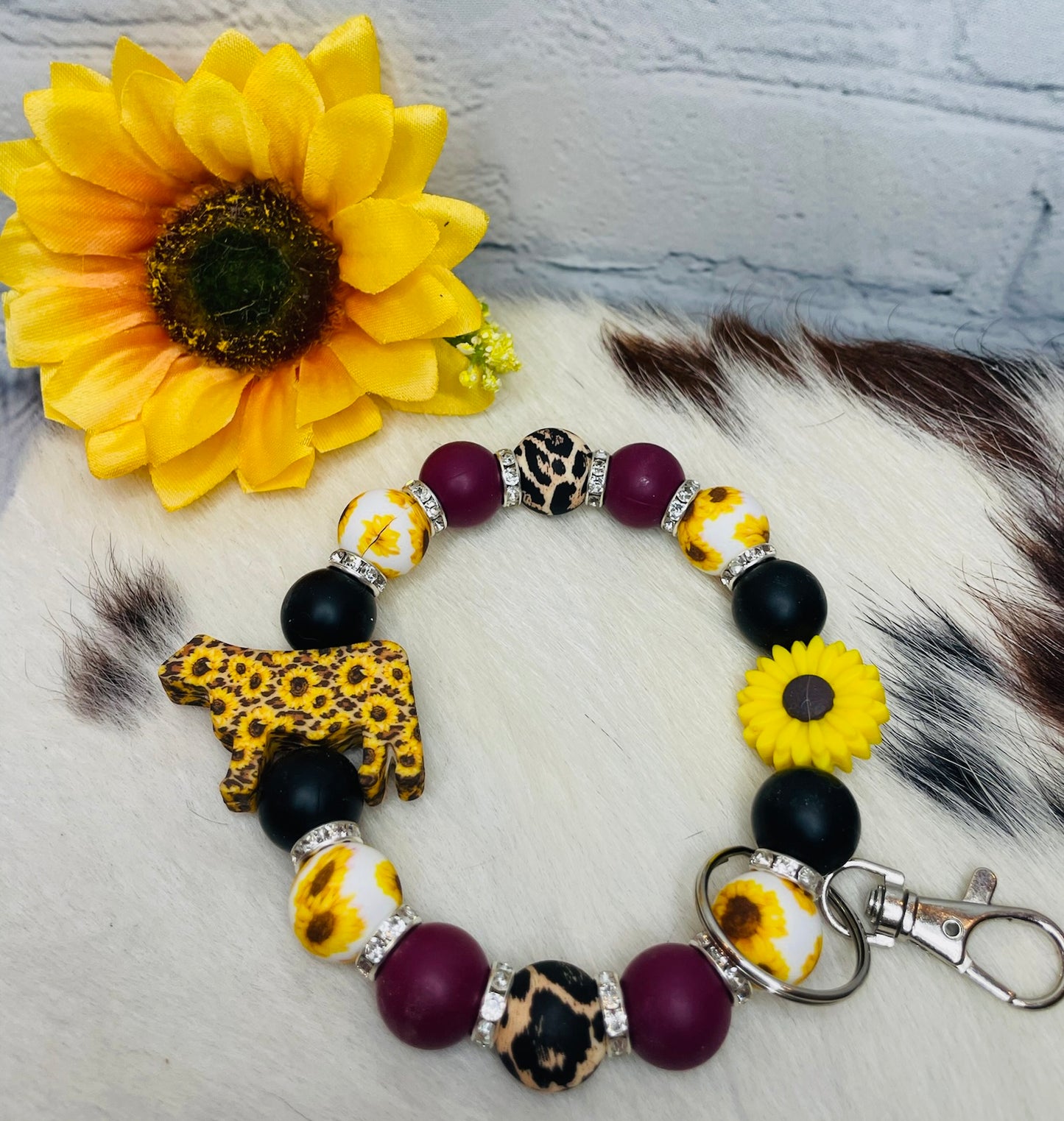 Maroon Leopard Cow Keychain Bracelet